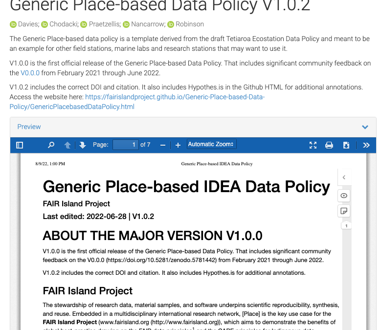 Generic Data Policy V1.0 Release and Github/Zenodo Workflow